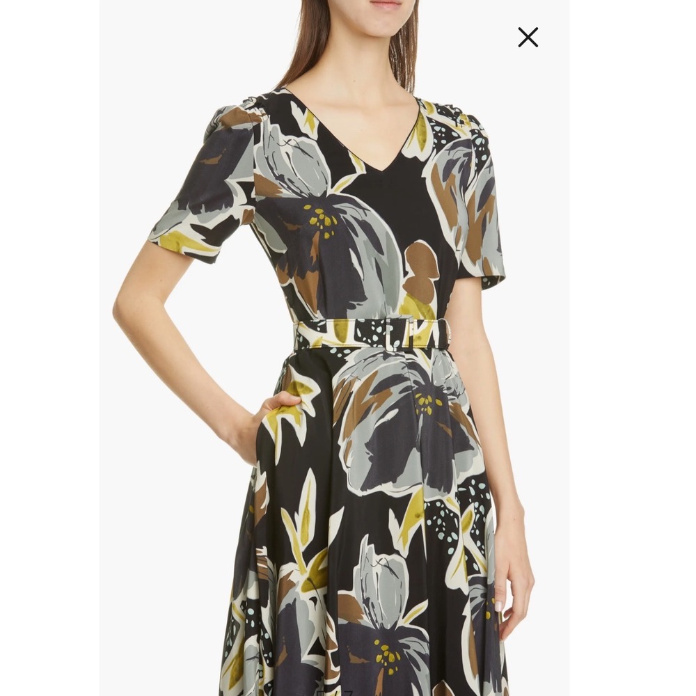 Lafayette 148 NY Silk Floral A-Line Midi Dress 6 Black Multicolor Belted Pockets